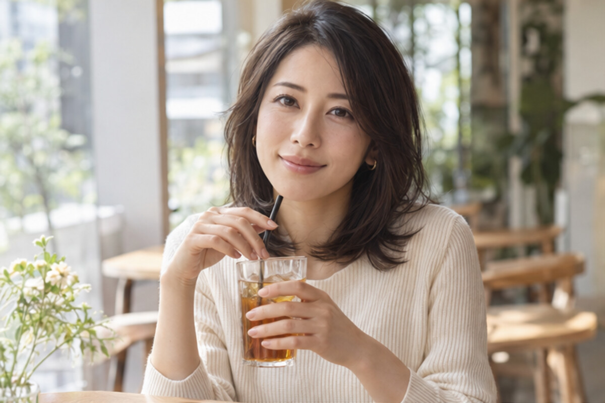 カフェでアイスティーを楽しむ架空AIモデルの凛